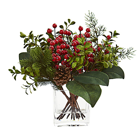 Nearly Natural 12”H Berry, Pine And Boxwood Artificial Arrangement, 12”H x 11”W x 8”D, Red/Clear