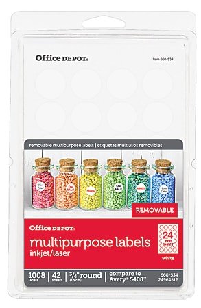 Office Depot® Brand Removable Inkjet/Laser Multipurpose Round Labels, OD98791, 3/4" Diameter, White, Pack Of 1,008