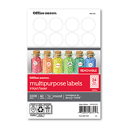 Office Depot&reg; Brand Removable Inkjet/Laser Multipurpose Round Labels, OD98791, 3/4" Diameter, White, Pack Of 1,008