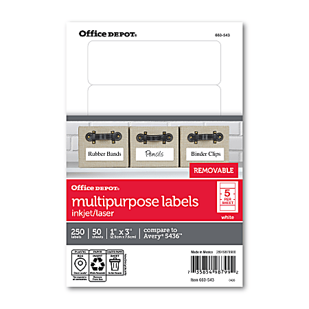 Office Depot® Brand Removable Inkjet/Laser Labels, OD98799,Rectangle, 1" x 3", White, Pack Of 250