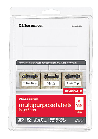 Office Depot® Brand Removable Inkjet/Laser Labels, OD98799,Rectangle, 1" x 3", White, Pack Of 250