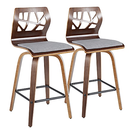 LumiSource Folia Mid-Century Modern Counter Stools, Walnut/Light Gray, Set Of 2 Stools