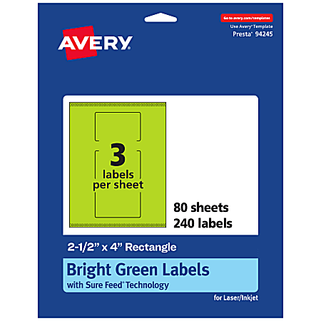 Avery® Print-To-The-Edge Labels With Sure Feed® Technology, 94245-BGP80, Rectangle, 2-1/2" x 4", Matte Bright Green, Pack of 240