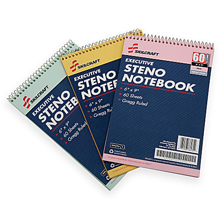 SKILCRAFT 50% Recycled Steno Notebooks, 6" x 9", Gregg Ruled, 60 Pages (30 Sheets), White/Blue, Pack Of 3 (AbilityOne 7530-01-454-5702)