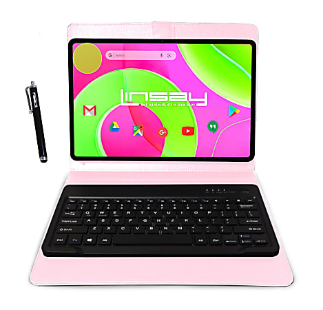 LINSAY 12 Octa Core 256GB  Storage Android 14 Tablet with Pink Style Keyboard Pen Stylus