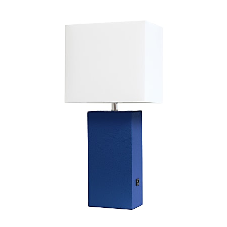 Elegant Designs Modern Leather/Fabric Desk Lamp With USB Port, 21"H, White Shade/Blue Base