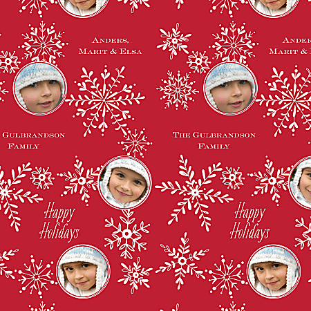 Custom Full-Color Gloss Finish Wrapping Paper, Standard Roll, 7' x 29-1/4", Christmas Holiday Red With White Snowflakes With Photos