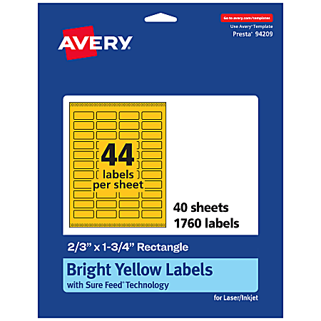 Avery® Print-To-The-Edge Labels With Sure Feed® Technology And Easy Peel®, 94209-BYP40, Rectangle, 2/3" x 1-3/4", Matte Bright Yellow, Pack of 1760