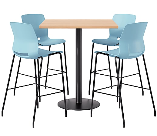 KFI Studios Proof Bistro Square Pedestal Table With Imme Bar Stools, Includes 4 Stools, 43-1/2”H x 36”W x 36”D, Maple Top/Black Base/Sky Blue Chairs