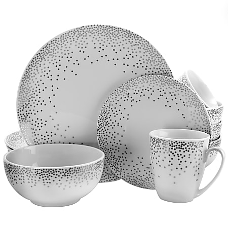 Gibson Platinum Dots 16-Piece Round Ceramic Dinnerware Set, White/Silver