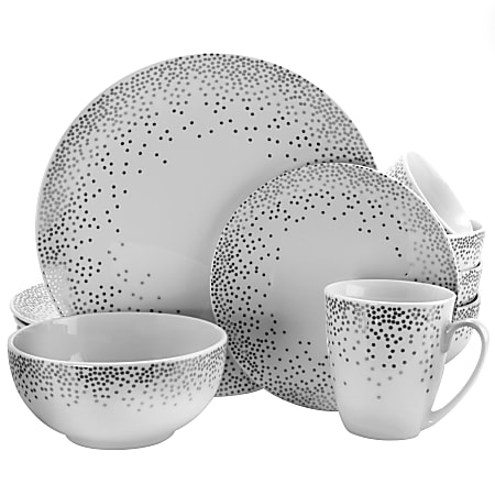 Gibson Platinum Dots 16-Piece Round Ceramic Dinnerware Set, White/Silver