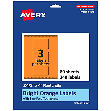 Avery® Print-To-The-Edge Labels With Sure Feed® Technology, 94245-BOP80, Rectangle, 2-1/2" x 4", Matte Bright Orange, Pack of 240