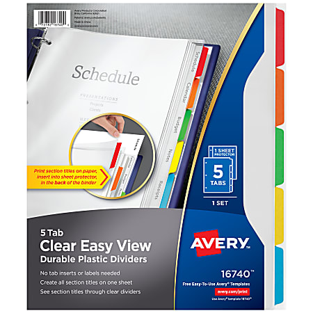 Avery® Clear Easy View Durable Plastic Dividers For 3 Ring Binders, 8-1/2" x 11", 5-Tab, Bright Multicolor, 1 Set