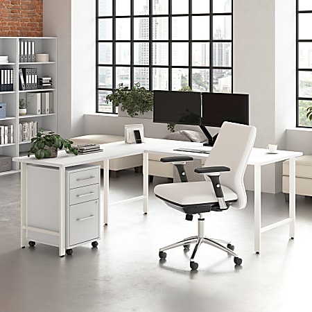 Bush Business Furniture Hustle 72"W L-Shaped Corner Computer Desk with 3 Drawer Mobile File Cabinet, White, Standard Delivery Service, HUS013WH