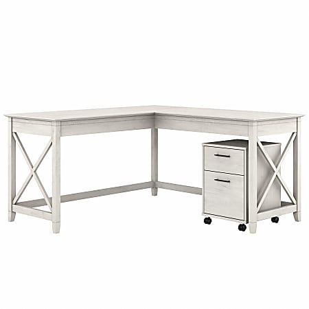 Bush Business Furniture Key West 60"W L-Shaped Corner Desk With 2-Drawer Mobile File Cabinet, Linen White Oak, Standard Delivery