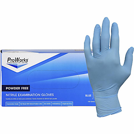 ProWorks NPF Nitrile Powder Free Exam Gloves, 5.5 mil Thickness x 9.50" Glove Length, Medium Size, For Right/Left Hand, 100/Box, 10 / Carton