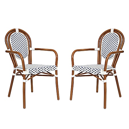 Flash Furniture 2 Pack Lourdes Indoor/Outdoor Commercial Thonet Bistro Stacking Chair with Arms, White & Navy/Natural Frame -2SDA6422AWNVN