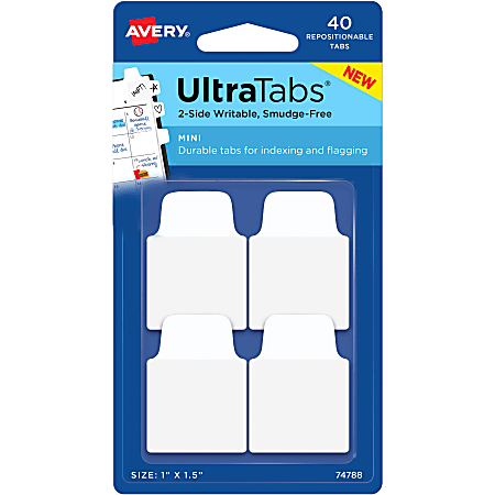 Avery® Ultra Tabs Repositionable Mini Tabs - 40 Tab(s) - 10 Tab(s)/Set - Clear Film, White Paper Tab(s) - 4