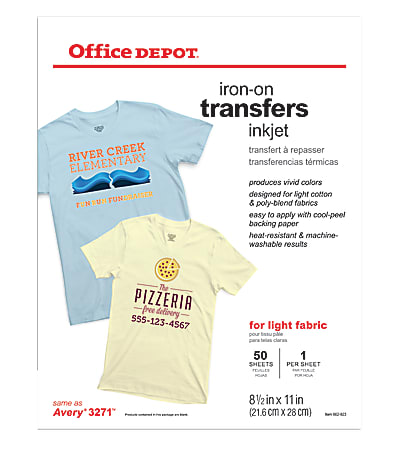 Office Depot® Light Fabric Inkjet Iron-On Transfers, Letter Size (8 1/2" x 11"), Pack Of 50