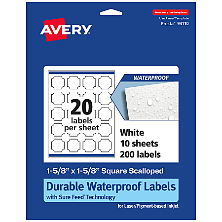 Avery® Waterproof Permanent Labels With Sure Feed®, 94110-WMF10, Square Scalloped, 1-5/8" x 1-5/8", White, Pack Of 200