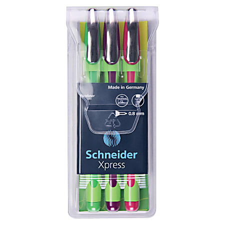 Schneider Xpress Fineliner Pens, Needle Point, 0.8 mm, Stainless-Steel Barrel, Assorted Ink Colors, Pack Of 3