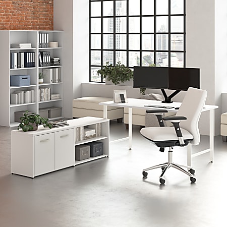 Bush Business Furniture Hustle 60"W Computer Desk and Low Storage Cabinet with Doors and Shelves, White, Standard Delivery Service
