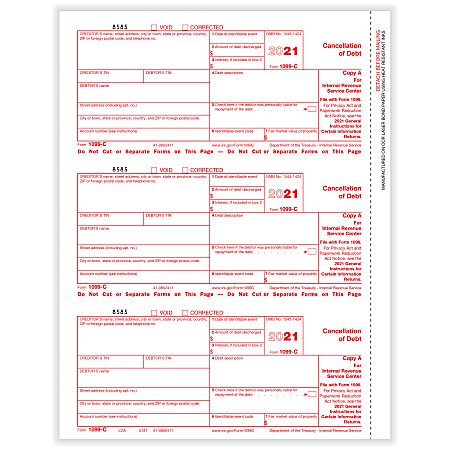 ComplyRight™ 1099-C Tax Forms, 3-Up, Federal Copy A, Laser, 8-1/2" x 11", Pack Of 150 Forms