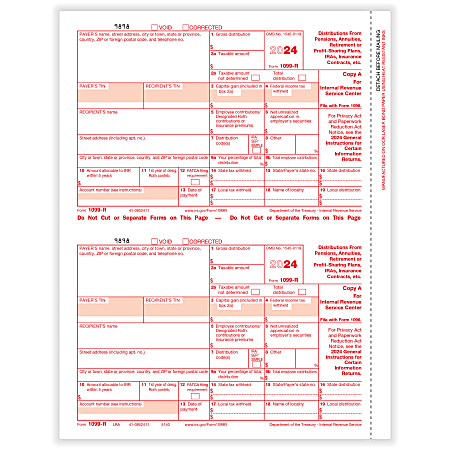 ComplyRight® 1099-R Tax Forms, 2-Up, Federal Copy A, Laser, 8-1/2" x 11", Pack Of 50 Forms