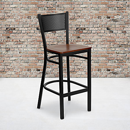 Flash Furniture Metal Restaurant Barstool With Grid Back, Cherry/Black