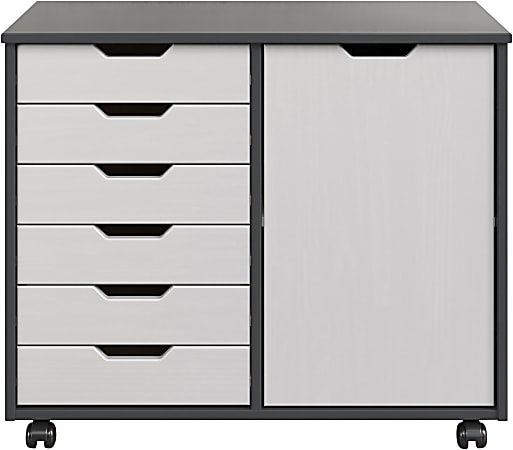 Trendfurn Omnia 1-Door Roll Cart, 6 Drawers, 25-3/4” x 31-1/3”, Gray/White