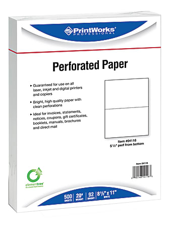 PrintWorks Professional Pre-Perforated Paper, 1 Ream, White, Letter (8 1/2" x 11"), 20 Lb, 5-1/2, Ream Of 500 Sheets