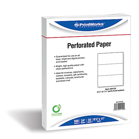 PrintWorks Professional Pre-Perforated Paper for Invoices, Statements, Gift Certificates & More, Letter Size (8 1/2" x 11"), Ream Of 500 Sheets, 24 Lb, White