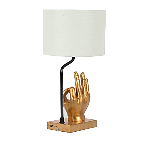 Adesso® Simplee Hand Table Lamp with USB Port, 19"H, White Shade/Antique Gold Base