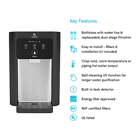 Avalon Countertop Self Cleaning Bottleless Water Cooler Water Dispenser -  Hot & Cold Water, NSF Certified Filter- UL/Energy Star Approved- Black