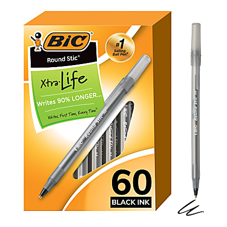BIC® Round Stic® Ballpoint Pens, Medium Point, 1.0 mm, Translucent Barrel, Black Ink, Pack Of 60 Pens
