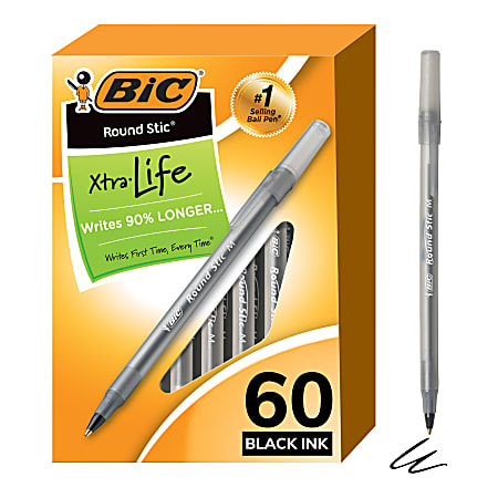 BIC Round Stic Ballpoint Pens Medium Point 1.0 mm Translucent Barrel Black  Ink Pack Of 60 Pens - Office Depot