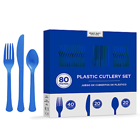 Amscan 8016 Solid Heavyweight Plastic Cutlery Assortments, Bright Royal Blue, 80 Pieces Per Pack, Set Of 2 Packs