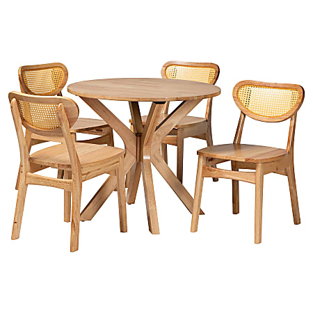 Baxton Studio Donato Mid-Century Modern Finished Wood/Rattan 5-Piece Dining Set, 30"H x 34-5/16"W x 34-5/16"D, Oak Brown/Light Brown
