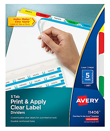 Avery® Print & Apply Clear Label Dividers With Index Maker® Easy Apply™ Printable Label Strip And Color Tabs, 5-Tab, Multicolor, 1 Set