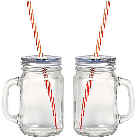 6 Pack 16 Oz. Mason Jar Mugs with Handle, Tin Lid and Plastic