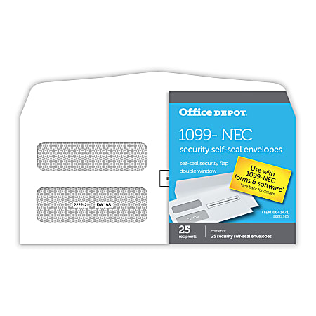 Office Depot® Brand Double-Window Self-Seal Envelopes For 3-Up Form 1099-NEC, 3-7/8"H x 8-3/8"W, White, Pack Of 25 Envelopes