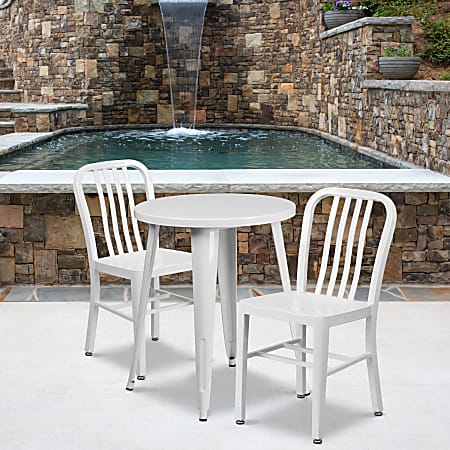 Flash Furniture Commercial-Grade Round Metal Indoor/Outdoor Table Set With 2 Vertical Slat-Back Chairs, White