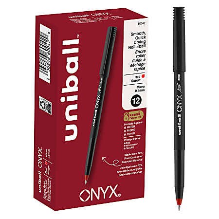 uni-ball® Onyx® Rollerball Pens, Micro Point, 0.5 mm, Black Barrel, Red Ink, Pack Of 12