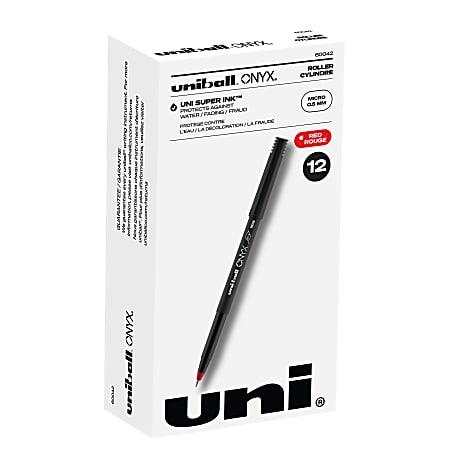 uni-ball® Onyx® Rollerball Pens, Micro Point, 0.5 mm, Black Barrel, Red Ink, Pack Of 12