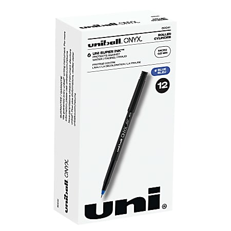 uni-ball® Onyx® Rollerball Pens, Micro Point, 0.5 mm, Black Barrel, Blue Ink, Pack Of 12