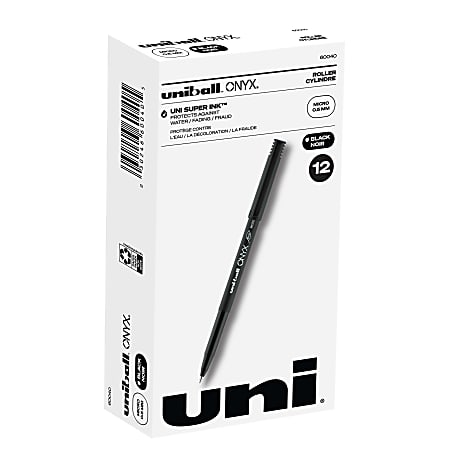 uni-ball® Onyx® Rollerball Pens, Micro Point, 0.5 mm, Black Barrel, Black Ink, Pack Of 12