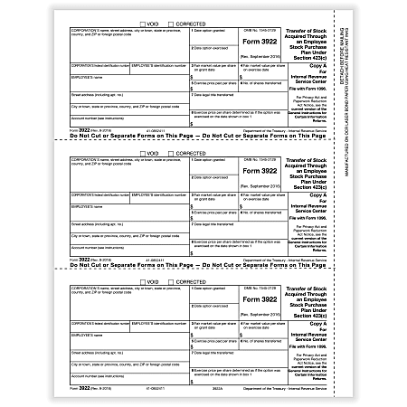 ComplyRight™ 3922 Tax Forms, 3-Up, Federal Copy A, Laser, 8-1/2" x 11", Pack Of 150 Forms