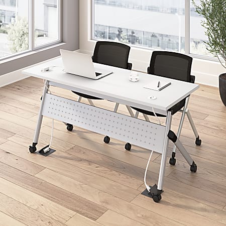 Bush Business Furniture Envision 60"W Folding Training Table with Powered Grommets and 2 Chairs, White/Cool Gray Metallic, Standard Delivery
