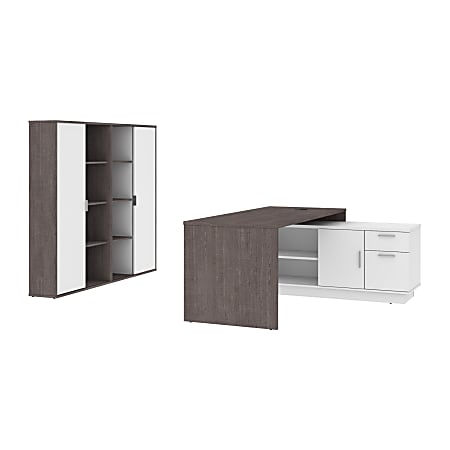 Bestar Equinox 72"W L-Shaped Corner Desk With 2 Storage Cabinets, Bark Gray/White