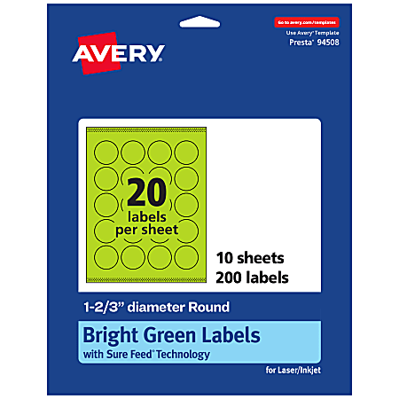 Avery® Print-To-The-Edge Labels With Sure Feed® Technology And Easy Peel® Label Feature, 94508-BGP10, Round, 1-2/3", Matte Bright Green, Pack of 200